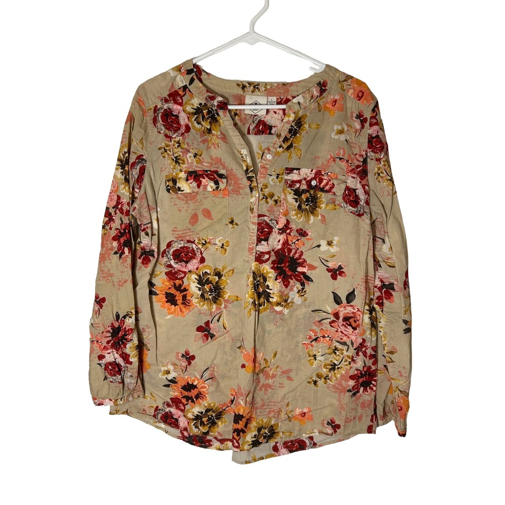 St Johns Bay Womens Floral Long‎ Sleeve Cotton Blouse Tan Red Orange Large